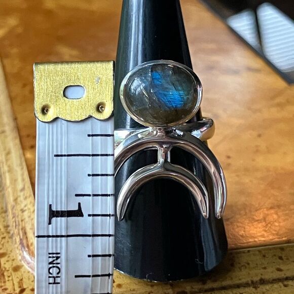 Natural Labradorite Sterling Silver Moon Motif Ring Size 8 - Picture 7 of 9